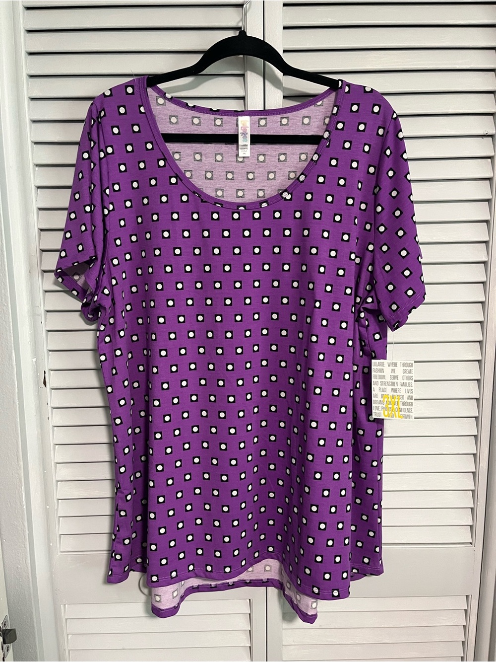 LuLaRoe Purple Scoop Neck Short Sleeve Class Tee with Black & White Square Print